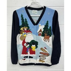 The Quacker Factory Womens Button Cardigan Jingle Sweater Christmas Santa Large